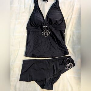La Vie en Rose Black Halter Two Piece Bikini with Silver Accents